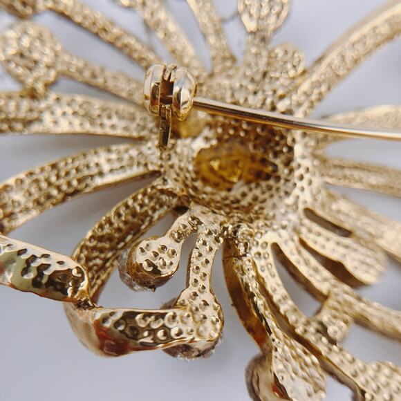 Large 3" VTG MCM Atomic Sun Burst Floral Sunflower Gold Tone Rhinestone Brooch - Picture 6 of 7